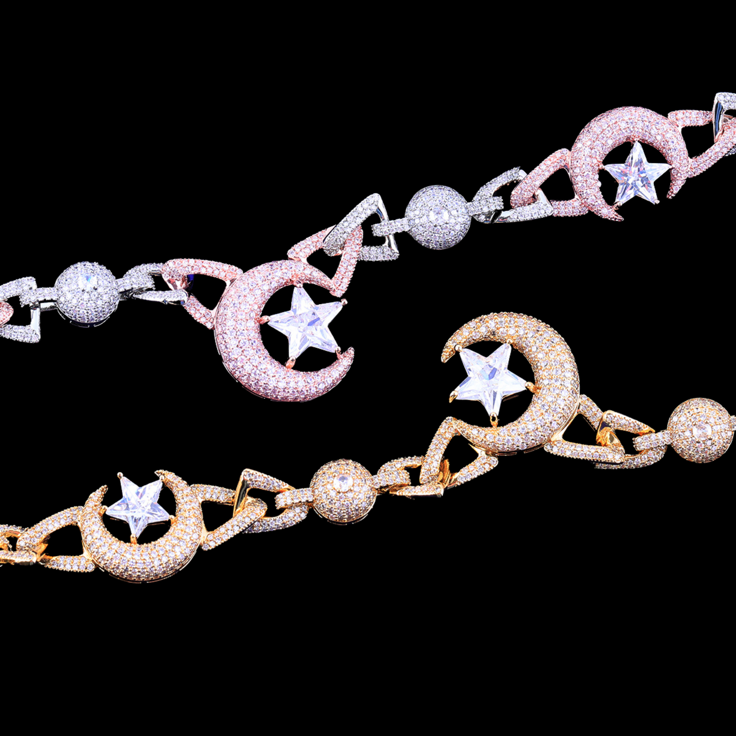 18MM Moon and Star World Iced Out Diamond Necklace Chain