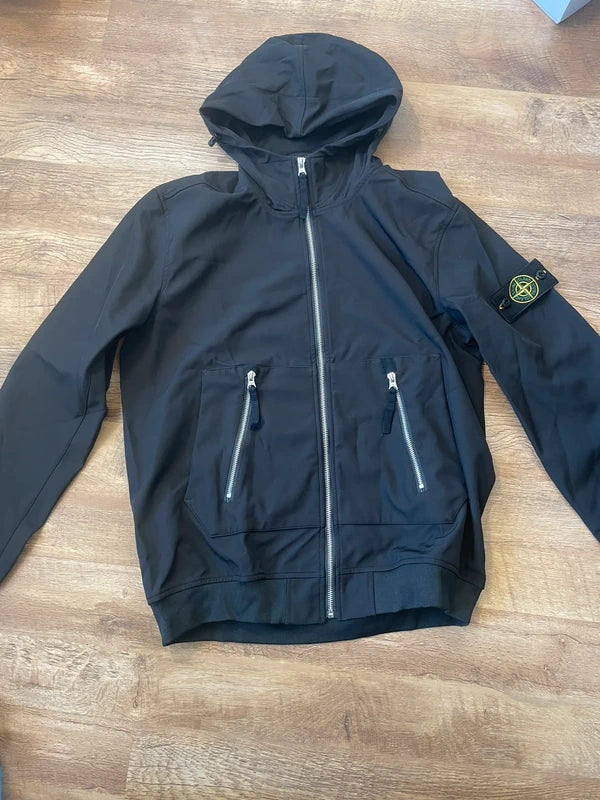 STONE ISLAND Black Logo Hooded Zip-Up Long Sleeve Sweatshirt