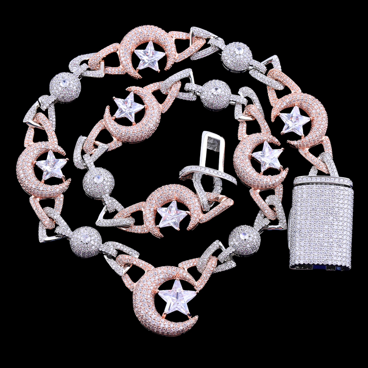 18MM Moon and Star World Iced Out Diamond Necklace Chain