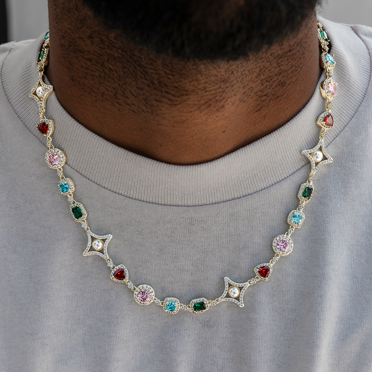 Colored Gemstone Pearl Chain in Yellow Gold