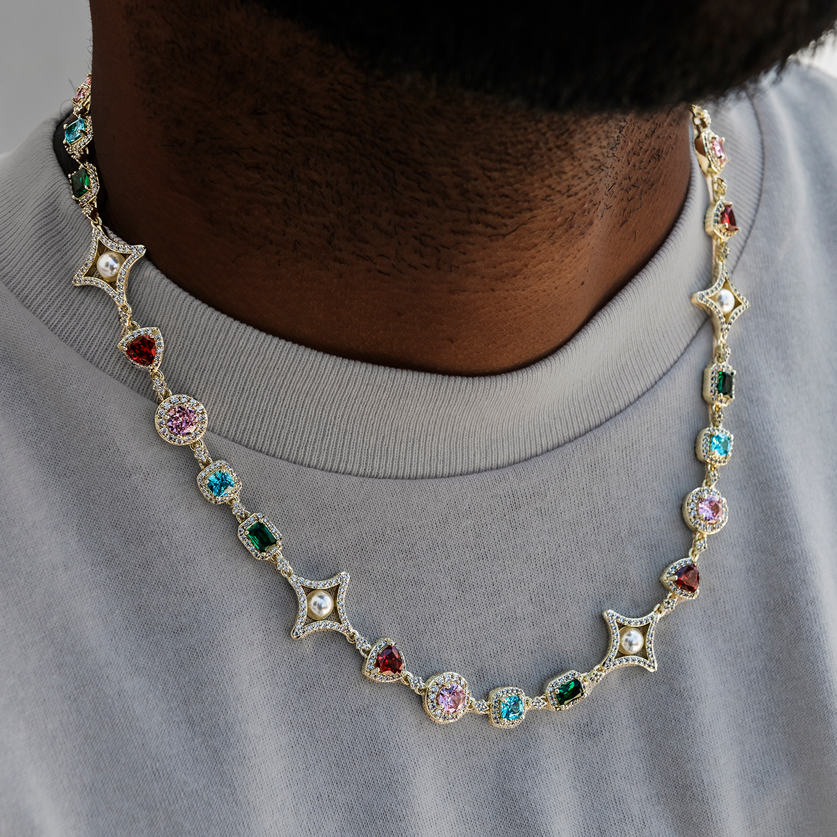 Colored Gemstone Pearl Chain in Yellow Gold