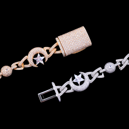 18MM Moon and Star World Iced Out Diamond Necklace Chain