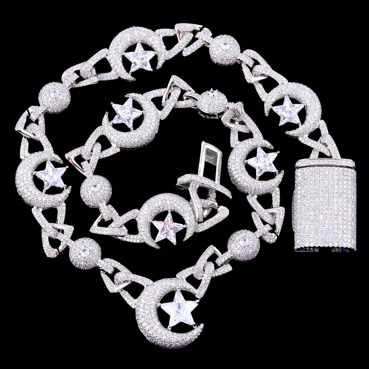18MM Moon and Star World Iced Out Diamond Necklace Chain