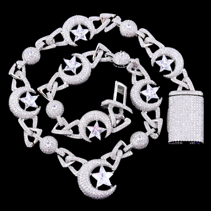18MM Moon and Star World Iced Out Diamond Necklace Chain