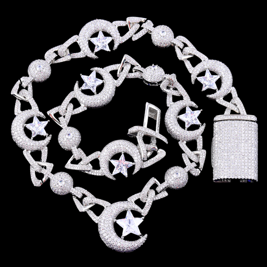 18MM Moon and Star World Iced Out Diamond Necklace Chain