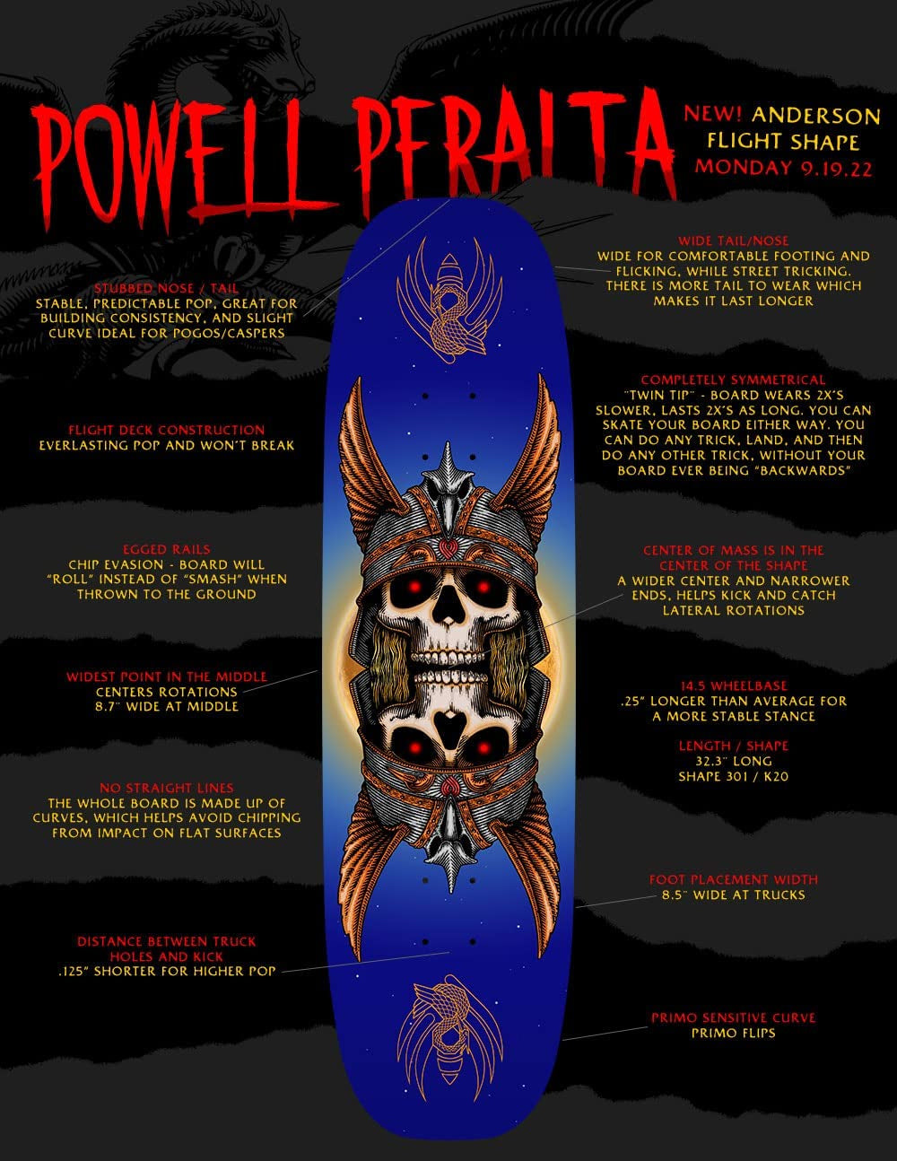 Powell Peralta Skateboard Deck Pro Flight Andy Anderson Heron 2 Egg 8.7" x 32.3"