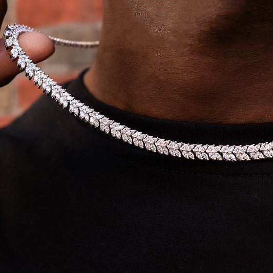 Iced Herringbone Chain in White Gold- 7mm
