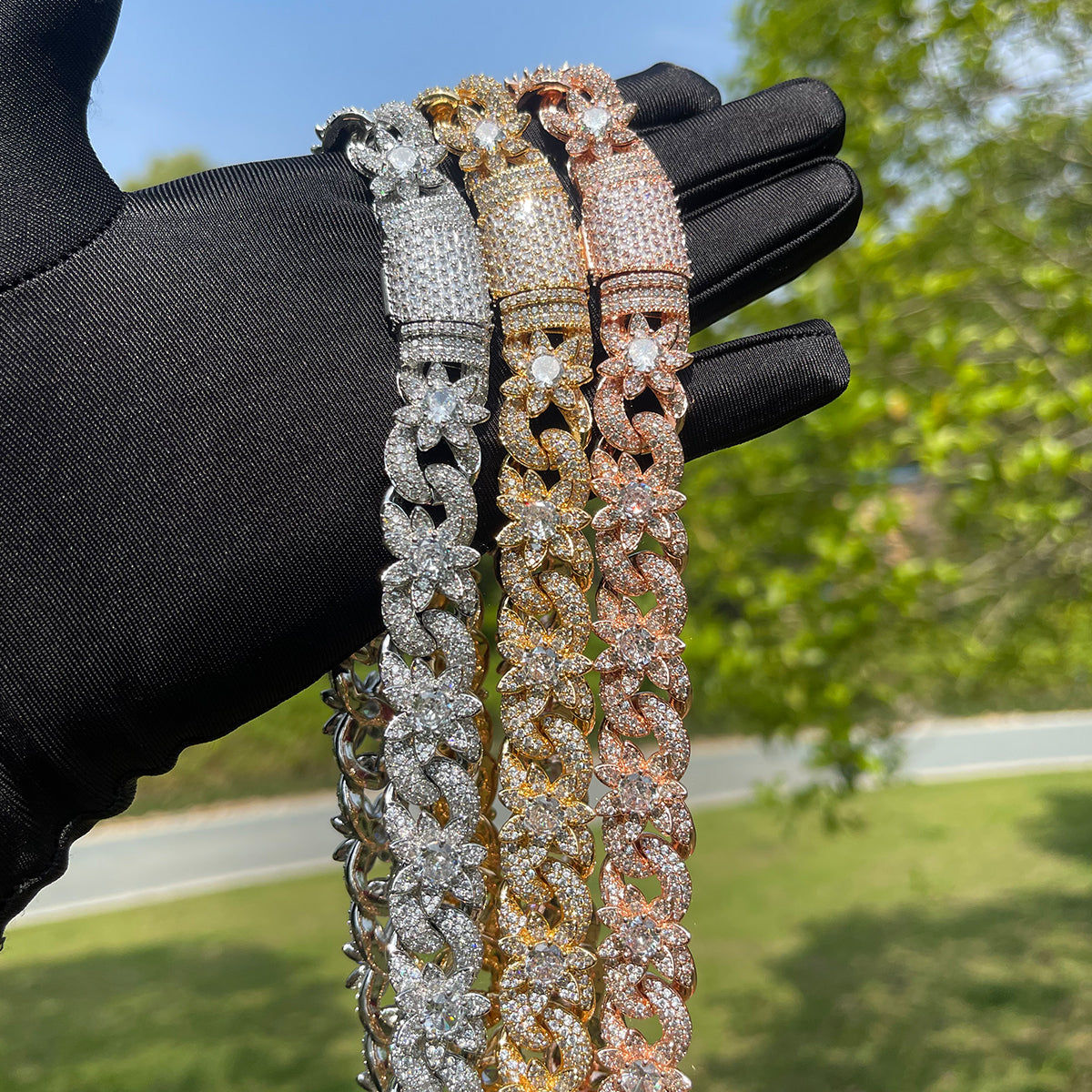 18MM Flower Cuban Iced Out Diamond Necklace Chain