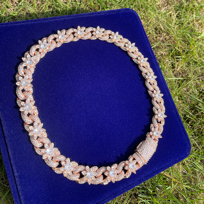 18MM Flower Cuban Iced Out Diamond Necklace Chain